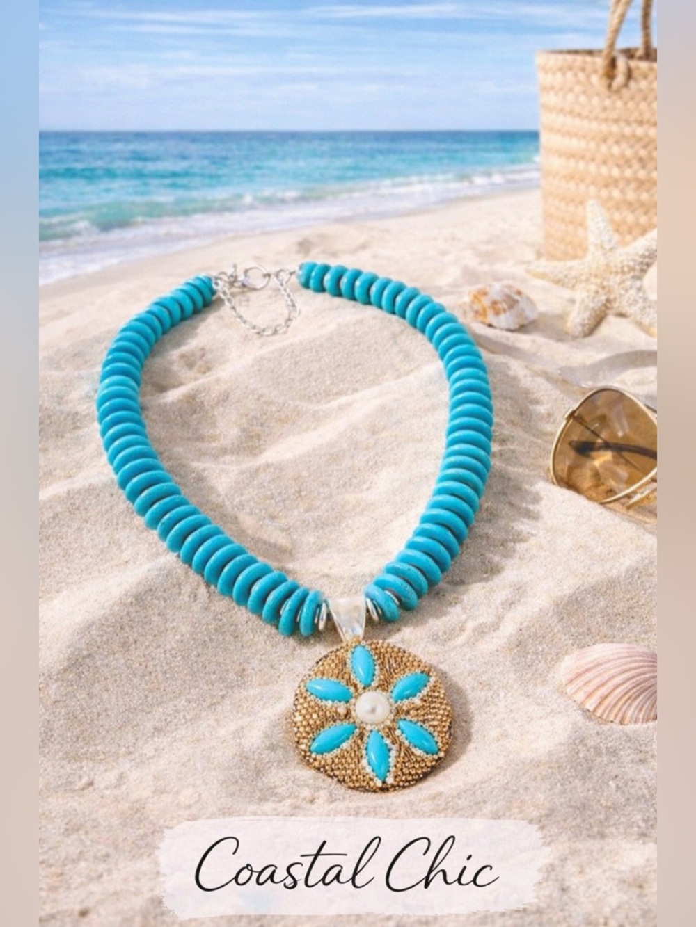 Bijoux Envie Turquoise Sand Dollar Statement Necklace NWT Coastal Boho - Picture 3 of 6
